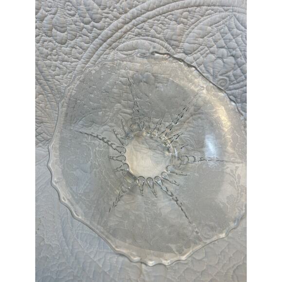 New Martinsville Flower Basket-Clear 11 Inch 3 Toed Footed Etched Crimped Bowl - Picture 2 of 6